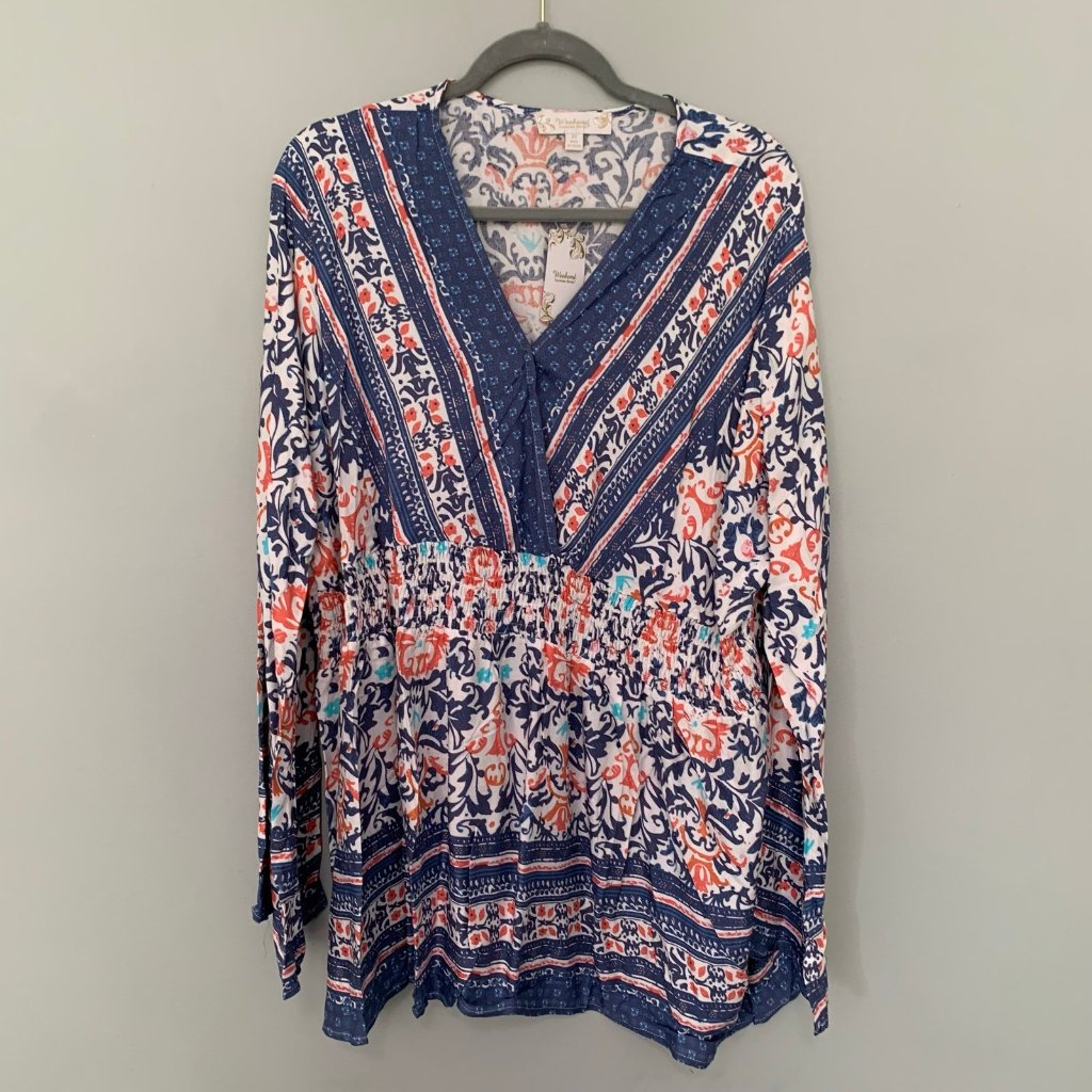 New Suzanne Betro Tunic Womens 4x Blue White Orange Damask Surplus Empire Waist